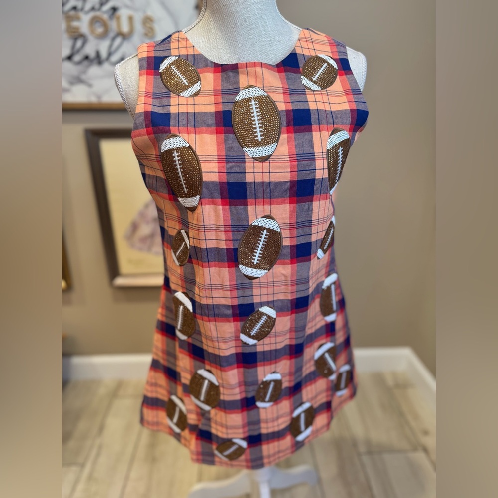 New! Rare! QUEEN OF SPARKLES Plaid Rhinestone Football Sleeveless Dress